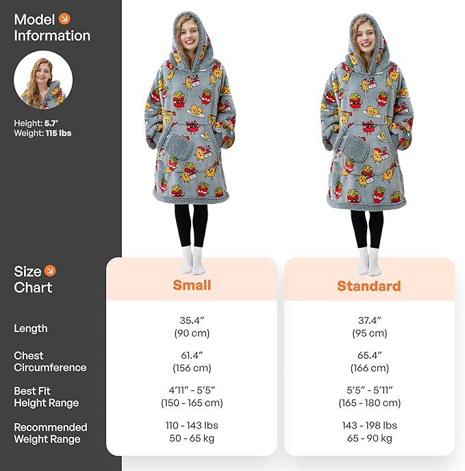 Giggling Getup Wearable Blanket Hoodie for Adults Gifts for Teen Girls Sister Women Sherpa Fleece Printed Hooded Blanket Sweatshirt Warm Cozy with Pocket & Sleeves Grey Chicken Nuggets Fries