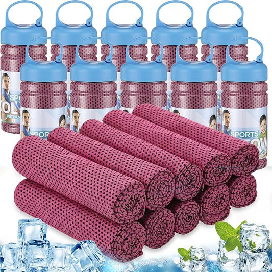 Honoson 10 Pcs Cooling Towels for Neck and Face, 47"x12" Sports Breathable Ice Towels Microfiber Chilly Sweat Rags with Portable Bottle for Gym Golf Athletes Yoga Workout Hot Weather (Rose Red)