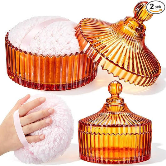 Tioncy 2 Pcs Extra Large Dusting Powder Puff and Container for Women-6'' Glass Crystal Dusting Powder Container with Body Soft Washable Reusable Velour Face(Orange,Classic)