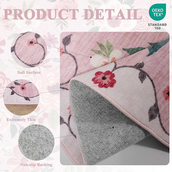 DUKINO 5x8 Area Rug for Bedroom, Soft Floral Washable Rug Non Slip, Pink | Low Pile, Non-Shedding Thin Indoor Rug for Living Room, Dining Room, Kids Room, Office, Nursery, Pet Friendly, Home Decor