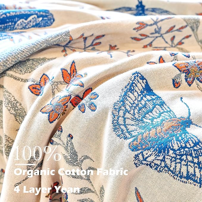 VANJOROY Boho Throw Blanket, 100% Organic Cotton Breathable Ultra Soft Bed Quilt Throw - All Season Floral Bird Butterfly Farmhouse Decor Blanket for Sofa Couch Chair and Gift. 80" x 90"