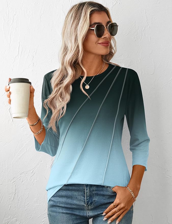 LOMON 3/4 Length Sleeve Womens Tops Spring Summer Fashion 2026 Tops Crew Neck Pleated Shirts Tunic Top Loose Fit