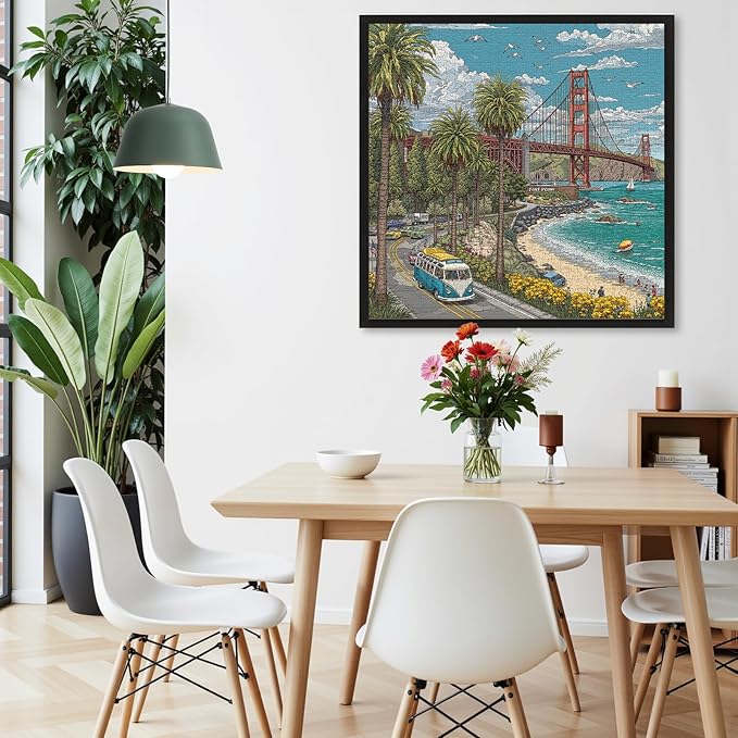 1000 Piece Jigsaw Puzzle for Adults, Cityscape Jigsaw Puzzle, Vibrant California Coastline with Golden Gate Bridge, Palm Trees & Tour Bus, Challenging Art Puzzle, 22.5 x 22.5 in
