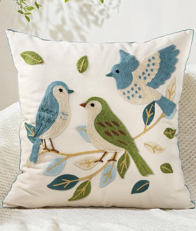 Animal Embroidered Throw Pillow Cover 18x18 Inch, Floral Birds | Decorative Pillow Cover, Cottagecore Cushion Cases with Hidden Zipper, Farmhouse Decor for Couch, Sofa, Living Room