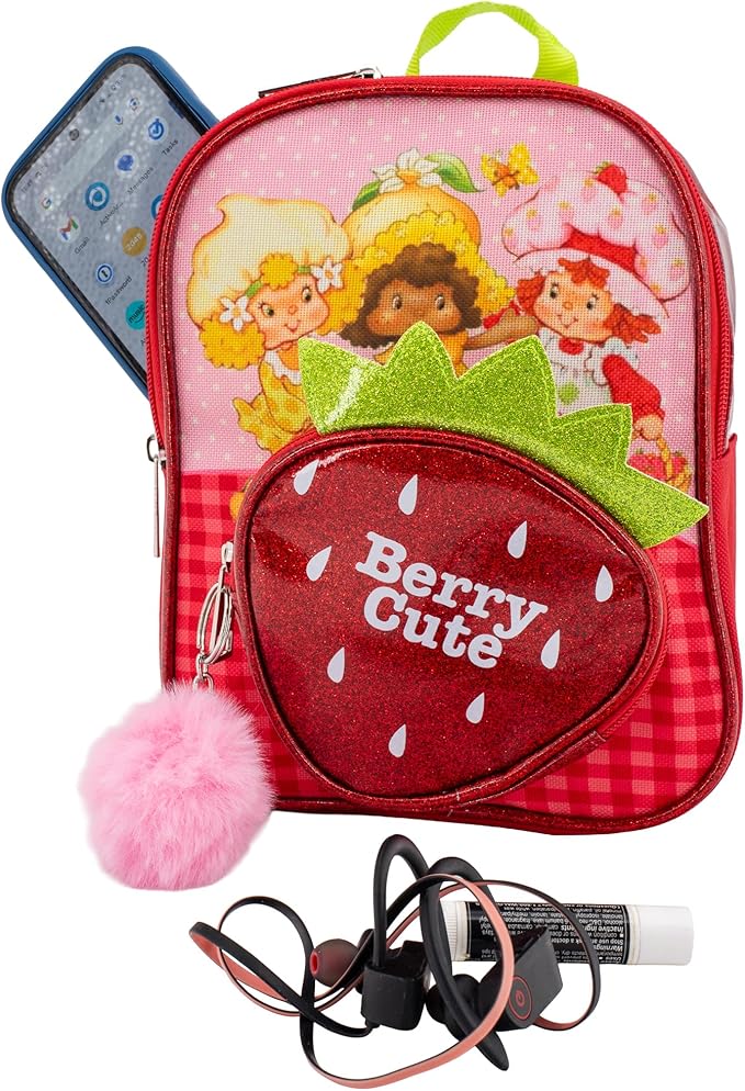 AI ACCESSORY INNOVATIONS Strawberry Shortcake 9” Micro Mini Backpack Purse Featuring Glitter PU, Diecut Strawberry Pocket & Pompom Dangle, Red