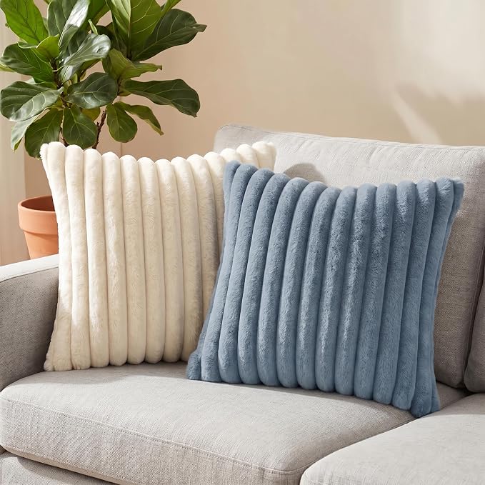 Pack of 2 Throw Pillow Covers 20x20 Decorative Solid Plush Faux Fur with Soft Velvet Back, Square Striped Cushion Cases Modern Farmhouse Home Decor for Living Room Couch Sofa Bed Serene Blue