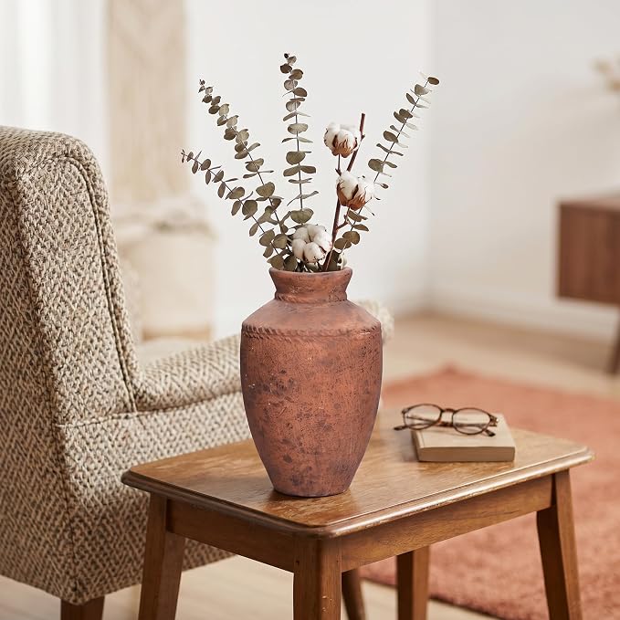 Terracotta Vase, 10 Inch Large Ceramic Flower Vases Rustic Farmhouse Pottery Vase for Home Decor Fireplace Entryway Kitchen Living Room Shelf Mantle Table Decor Brown