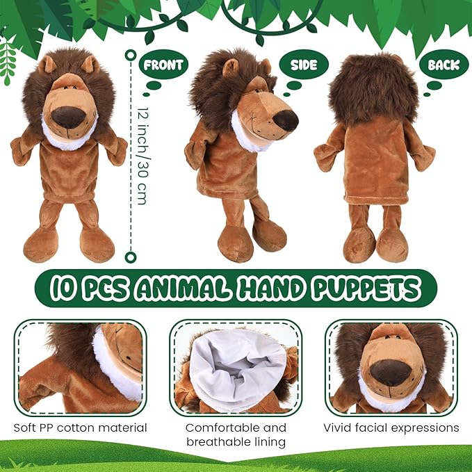 Wettarn 10 Pcs Animal Hand Puppets 12 Inch Soft Plush Plush Puppets Lion Orangutan Giraffe Tiger Pig Elephant Hand Puppets for Boys and Girls Storytelling, Teaching, Role Playing(Fresh Style)