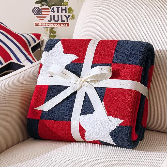 Patriotic Ultra Soft Knit Chenille Throw Blanket - Red White Blue Stars American Flag Pattern Cozy Blankets for Couch, 4th of July Memorial Independence Day Gifts, 50"x60", Red&Blue