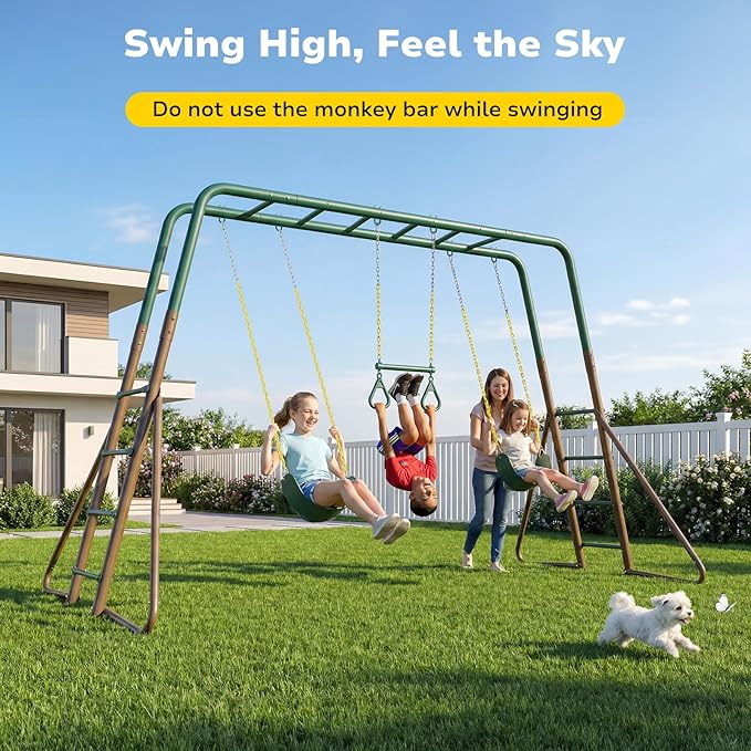 Hapfan Swing Sets for Backyard with Monkey Bars, Trapeze Bar & 2 Belt Swings, Heavy Duty Metal Playground Sets for Kids, Outdoor Jungle Gym Playset (Green & Brown)