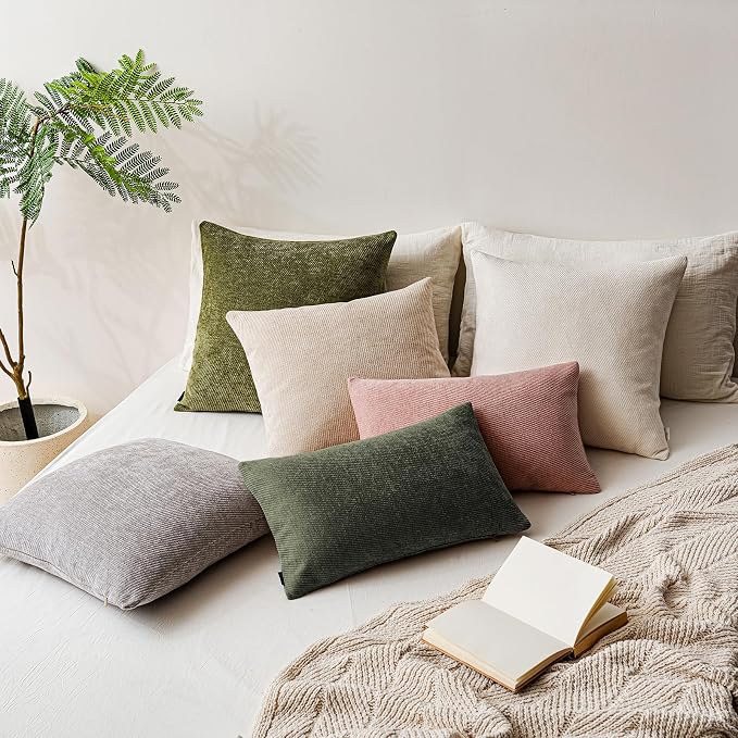 a moment Pack of 2 Decorative Chenille Throw Pillow Covers with Twill Cushion Covers for Sofa Living Room Couch Bed 20x20 Inch Olive Green