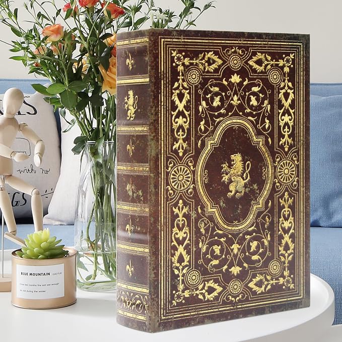 Faux Leather Decorative Book Storage Box with Embossed Lion Crest | Vintage Look Hidden Keepsake Box for Jewelry, Letters & Valuables, Elegant Home Office Shelf Decor (Reddish Brown)