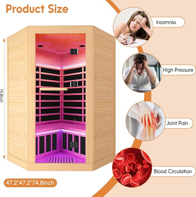 Sauna Room Far Infrared Saunas Home 1 to 3 Person Canadian Hemlock 2180W/110V Low-EMF Dry Spa Wood Sauna with Oxygen Bar/7 Color Therapy/9 Heating Plates/Control Panel/Speakers 47.2 * 47.2 * 74.8 In