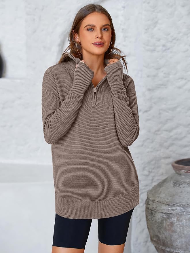 PRETTYGARDEN Womens Long Sleeve Quarter Zip Pullover Sweater Casual Loose V Neck Collared Ribbed Knit Jumper Tops Thumb Hole