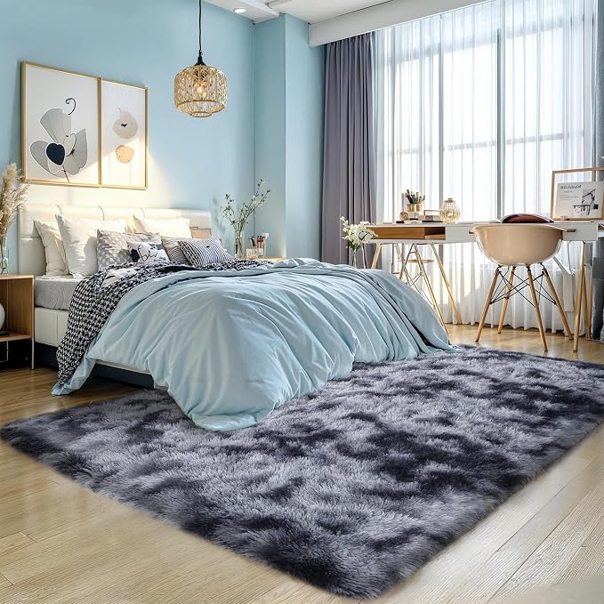 6x9 Thick Tie-dye Dark Grey Shag Rug for Bedroom, Soft Plush Fluffy Carpet | Gray Area Rug for Living Room, Kids Nursery, Dorm Room, Washable Non Slip Soft Plush Shaggy Carpet