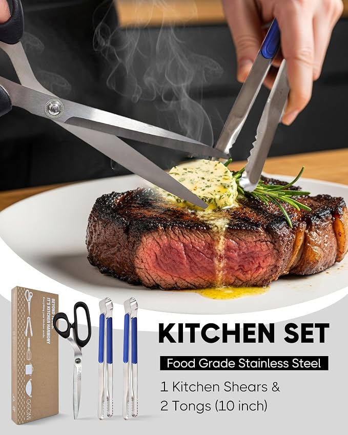 Korean Barbecue Scissors & Tongs Set - Kitchen Shears for Cutting Meat Chicken Vegetables, Clip for Cooking, Stainless Steel Non-slip Serrated Sharp BBQ Multipurpose Shears Tongs Dishwasher Safe