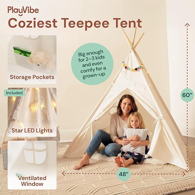 Playvibe Teepee Tent for Kids with LED Star Lights - Toddler Tent & Reading Corner for Kids, Playhouse Gift, Nursery Decor & Indoor Play, Winter Indoor Retreat Toy Fort for Toddler