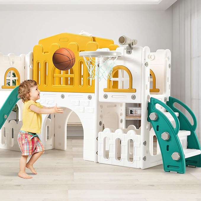 Toddler Slide 8 in 1 Toddler Playset for Toddlers Age 1-3, Baby Playset for Indoor Outdoor Playground with Climber, Crawling Tunnel, Basketball Hoop, Telescope, Toy Storage