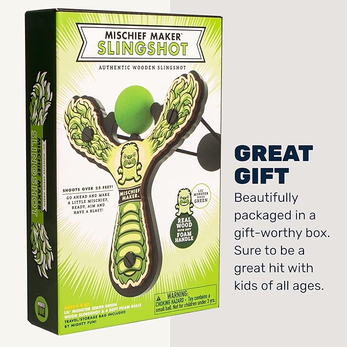 Mischief Maker® Wooden Slingshot - Lil’ Monster Series - Real Wood Slingshot for Kids, 4 Soft Foam Balls and Storage Bag - Ages 4+ (Green)