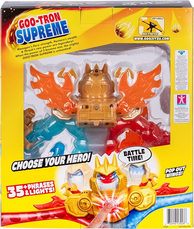 Heroes of Goo Jit Zu Goo-Tron Supreme Combines The Power of Blazagon, Pantaro & Thrash in 1 Ultimate Hero, with 3 Different Goo Fillings, 35+ Phrases & Lights, Face Swap & Triple Attack Feature
