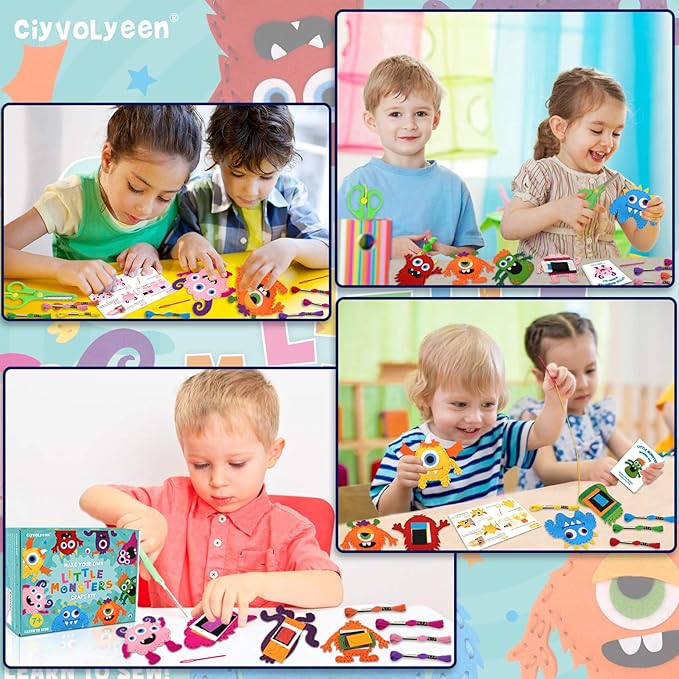 CiyvoLyeen Little Monsters Craft Kit Adopt A Monster Felt Plush DIY Sewing Art Educational Toys Monster Craft Gift Learn How to Sew for Beginners Set of 12 Sewing Kits