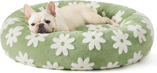 LE SURE Donut Medium Dog Bed - Round Cat Beds for Indoor Cats Calming Pet Beds, Cute Modern Beds with Jacquard Shaggy Plush & Anti Slip Bottom, 30 Inch, Green