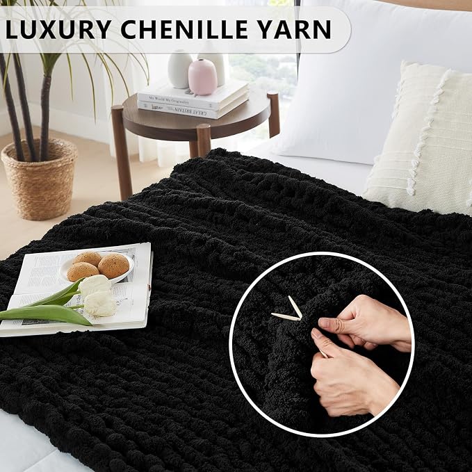 L'AGRATY Chunky Knit Throw Blanket for Couch, 80'' x 90'' Knit Throw, Black | Handmade Chenille Crochet Blanket for Sofa Bed, Thick Cable Knitted Blankets for Room Home Decor, Birthday Gift for Women Mom