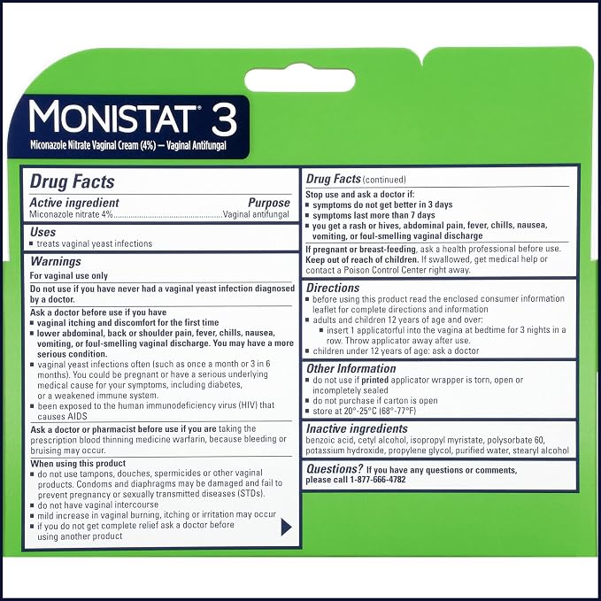 Monistat 3-Day Yeast Infection Treatment for Women, 3 Pre-Filled Miconazole Cream Applicators (Pack of 2), Regular Strength Fast Acting Relief for Vaginal Itching and Irritation