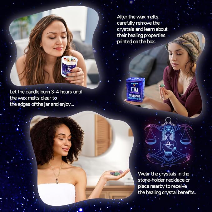 DANCING BEAR Libra Zodiac Candle Gift Box Set with 3 Healing Crystals & Stone Holder Necklace, 100% Soy Scented Wax, Crackling Wood Wick, 45 Hour Burn Time