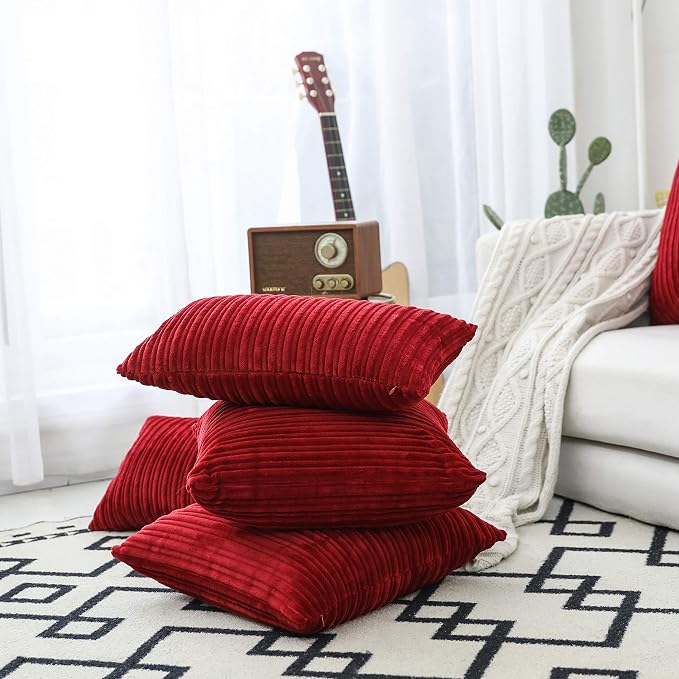 UGASA Pack of 2 Christmas Velvet Pillow Covers Striped, Soft Textured Throw Cushion Accent Corduroy Lumbar Hidden Zipper for Home Decor Indoor (12"x20", Burgundy)