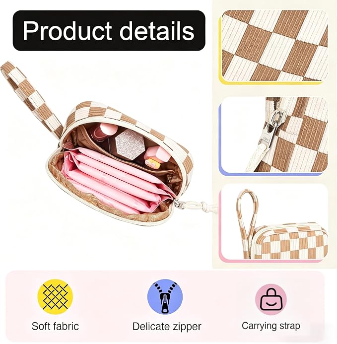 Corduroy Period Pouch for Women, Cute Sanitary Pad Pouch with Zipper, Portable Tampon Holder for Purse, Sanitary Napkin Storage Bag for Travel (Checkered Brown White)