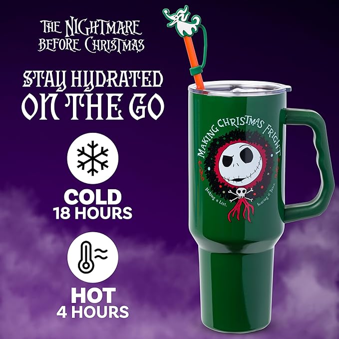 Silver Buffalo Disney Nightmare Before Christmas Making Xmas Fright Jack Skellington & Zero Double Walled Stainless Steel Tumbler w Handle, Straw, and Straw Cap, Fits in Standard Cup Holder, 40 Ounces