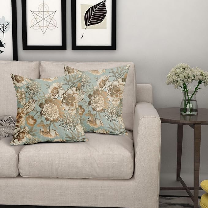 Vintage Floral Pillow Covers 16X16 Inch Set of 2 Rose Gold Flowers Bird Butterfly Decorative Pillow Cases Blue Brown Cotton Linen Cushion Case Farmhouse Home Decor for Sofa Couch Living Room