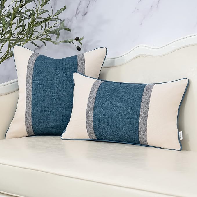 Patchwork Pillow Cover 18x18 Inch Luxury Cotton and Linen Cushion Cover Square Pillowcover for Couch Bedroom Living Room, Blue