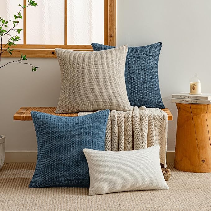 a moment Ocean Blue Chenille Throw Pillow Covers 12x20 Inch Pack of 2 Modern Decorative Throw Pillow Covers Farmhouse Cross Covers Home Decor for Sofa Bedroom Living Room