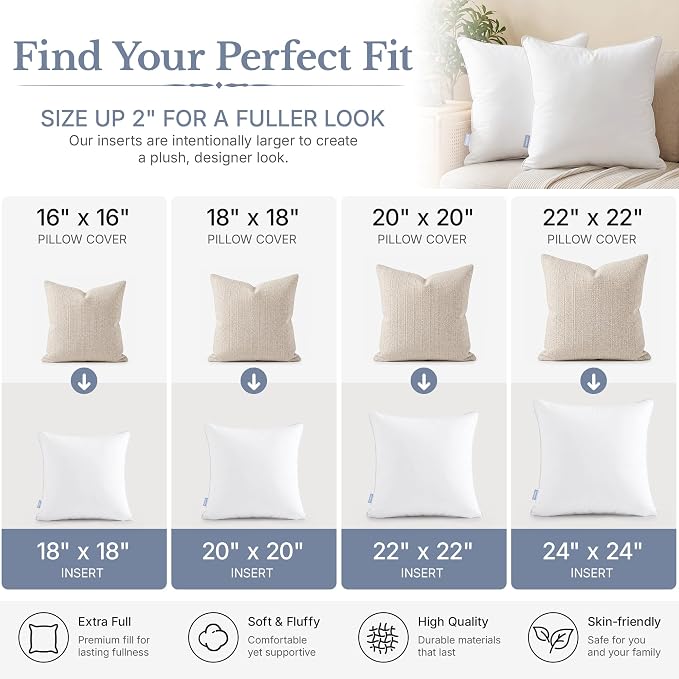 Leeden 18 x 18 Pillow Inserts (Set of 2) - Throw Pillow Inserts with 100% Cotton Cover - 18 Inch Square Decorative Pillows for Sofa, Couch, Bed and Home Decor