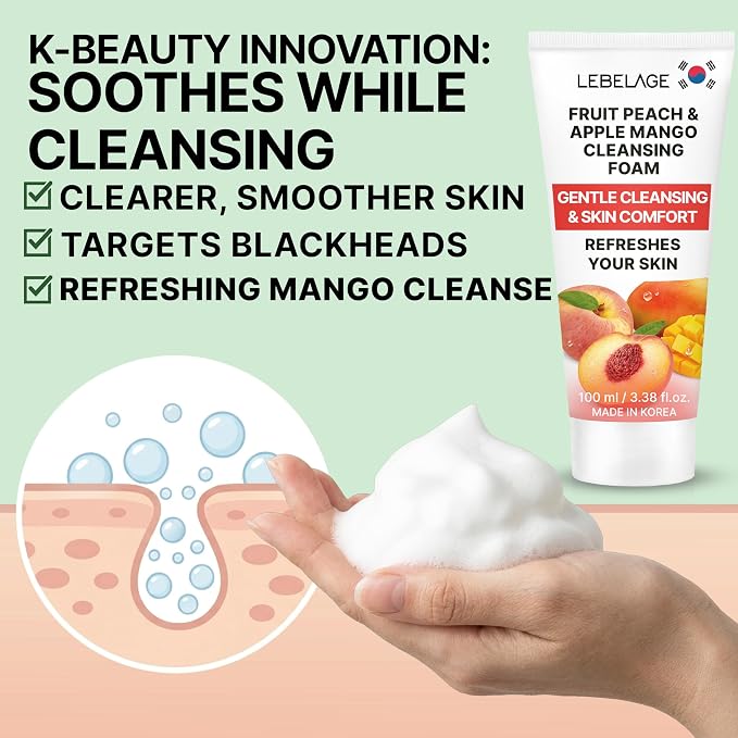 LEBELAGE Korean Peach&Apple&Mango Facial Cleanser 3.38 oz | Cleansing Foam Face Wash | Low pH Gentle Hydrating Daily Facial Cleanser Sensitive Skin | Deep Cleansing Foaming Cleanser, Pore Care