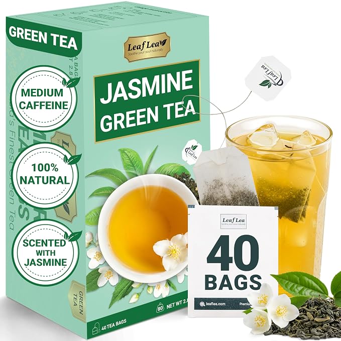 LeafLea Jasmine Green Tea Bags, Naturally Jasmine-Scented, 40 Count | Smooth Green Tea With Soft Jasmine Aroma, No Petals Inside, Sugar-Free, Vegan, 40 Individually Foil-Wrapped Bags