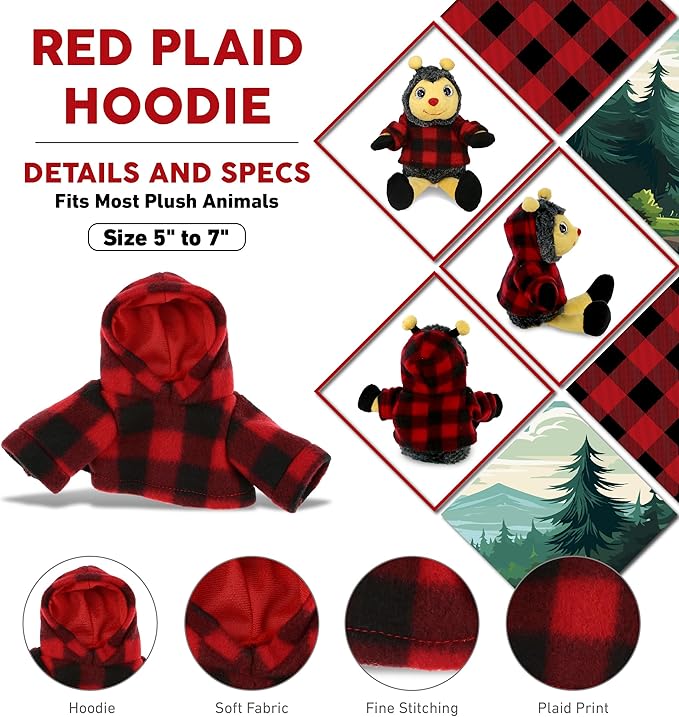 DolliBu Red Hoodie Plaid Jacket Teddy Bear Clothes - Cute Red Long Sleeve Shirt Plaid Flannel Sweater For Teddy Bear, Stuffed Animal Dress Up Lumberjack Costume, Plush Toy Clothing Accessories - Small