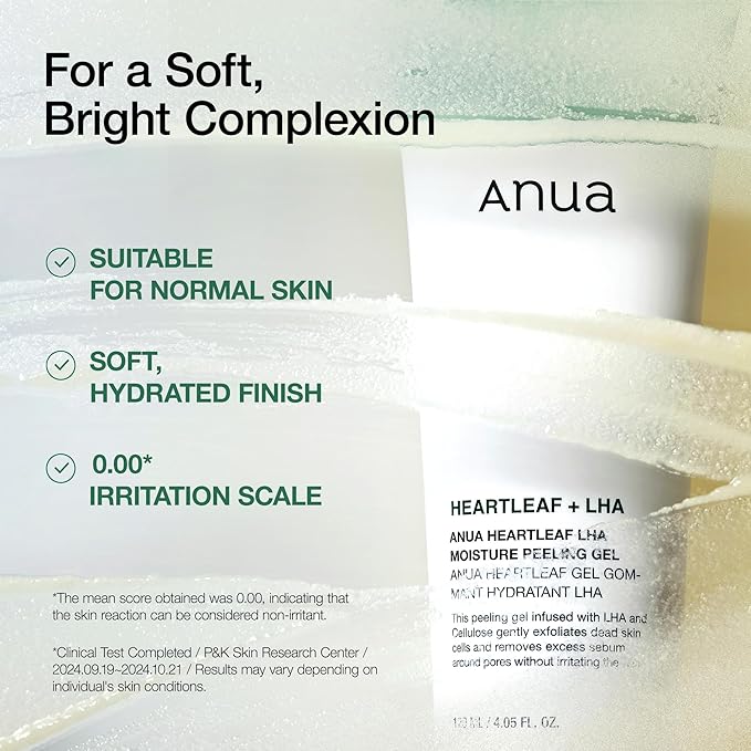 ANUA Heartleaf LHA Moisture Peeling Gel, Gentle Exfoliation, Hydrating Facial Peel, Pore Care, Dead Skin Removal, Natural Cellulose for Soothing, Vegan, Korean Skin Care (120ml/4.05 fl.oz.)