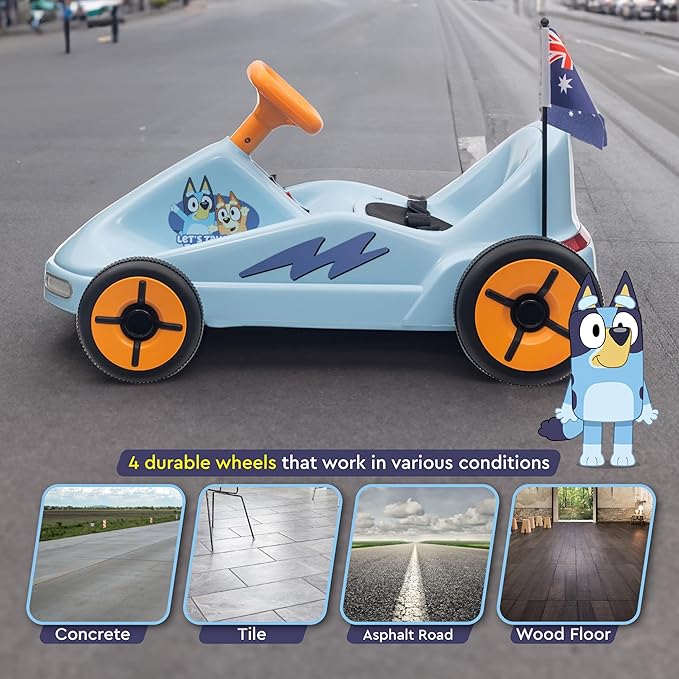 Bluey 12V Electric Go Kart for Kids, Electric Ride-On Toy with Lights, Seat Belt, Ages 3-6, Durable PVC and Iron Construction, Rechargeable Battery, Outdoor and Indoor Fun
