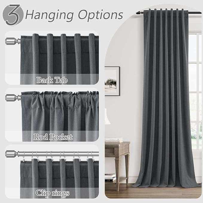 Guken 100% Blackout Curtains 108 Inch Length 2 Panels Set for Living Room Bedroom Back Tab Thermal Insulated Black Out Linen Drapes Room Darkening Blazer Grey,52x108