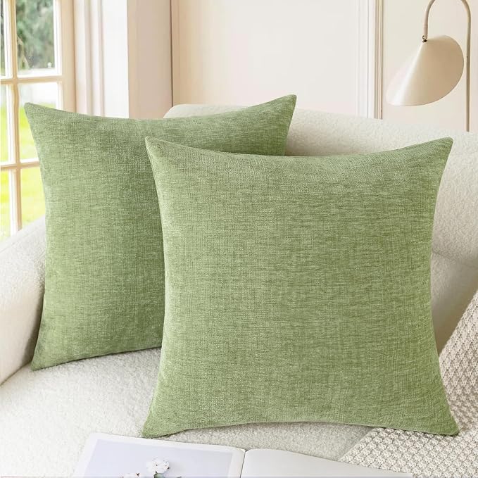 CaliTime Decorative Couch Throw Pillow Covers 22 X 22 Inches Sage Green | Pack of 2, Cozy Chenille Cushion Cases for Sofa Bed Living Room Farmhouse Home