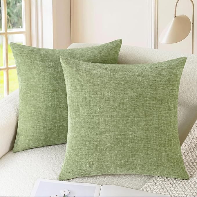 CaliTime Decorative Couch Throw Pillow Covers 24 X 24 Inches Sage Green | Pack of 2, Cozy Chenille Cushion Cases for Sofa Bed Living Room Farmhouse Home