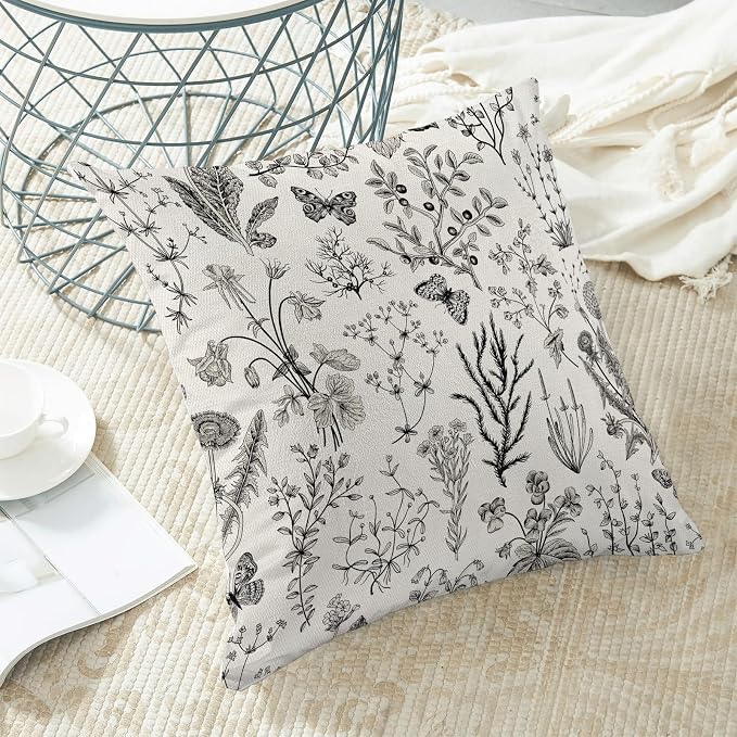 AEIOAE Spring Pillow Covers 24x24 Inch Set of 2,Black Gray Wild Flower Plant Throw Pillows Case,Seasonal Floral Outdoor Decorative Square Linen Farmhouse Decor Cushion Covers for Home Sofa Bed Couch