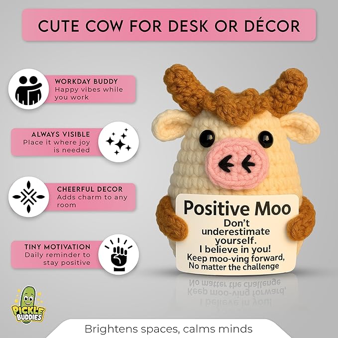 Positve Moo - Emotional Support Crochet Dolls Positive Crochet Animals Gifts Emotional Support Plush for Anxiety & Stress Relief Crochet Positive Cow Desk Decor