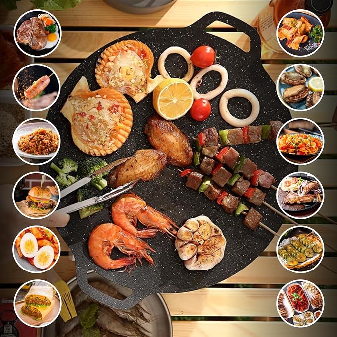 Korean Grill Pan Nonstick Round Griddle Pan Double Handle Korean BBQ Grill Plate for Gas Stove Top Outdoor Barbecue (36cm)
