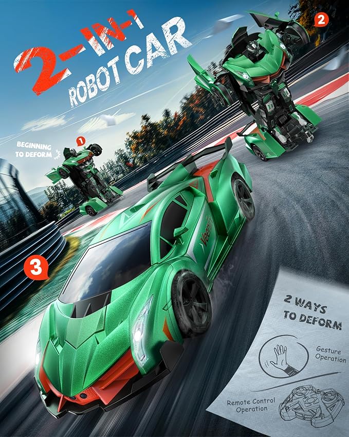 V992 Transform Remote Control Car, 2-in-1 Transform Robot RC Cars,1:14 Scale,Robot Toy Car with Sound & Light,Gesture Sensing,Automatic Deformation,Gifts Toys for Boys and Girls 4-6(Green)