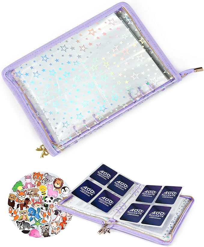 4 Pocket Card Binder with 20 Stickers, A5 Kpop Photocard Binder for 400 Cards, Trading Card Binder, Card Collection Binder, Cute Mini Card Binder for Gifts (Purple)