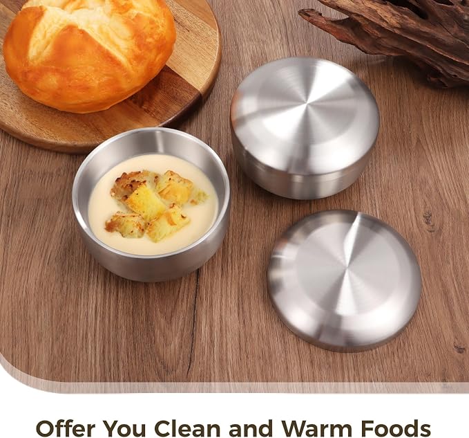 OMISTAR 2 PCS Stainless Steel Rice Bowl with Lid, 5.1 Inch Food Bowls for Korean Kitchen Restaurant, Double-Walled Insulated Metal Bowls, Multi-Purpose Soup Food Bowls Snacks Bowls, 13cm, Silver